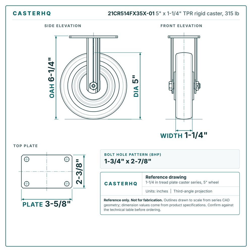 21CR514FX35X-01 5 x 1-1/4 in TPR rigid caster reference drawing, side, front and top plate views with dimensions