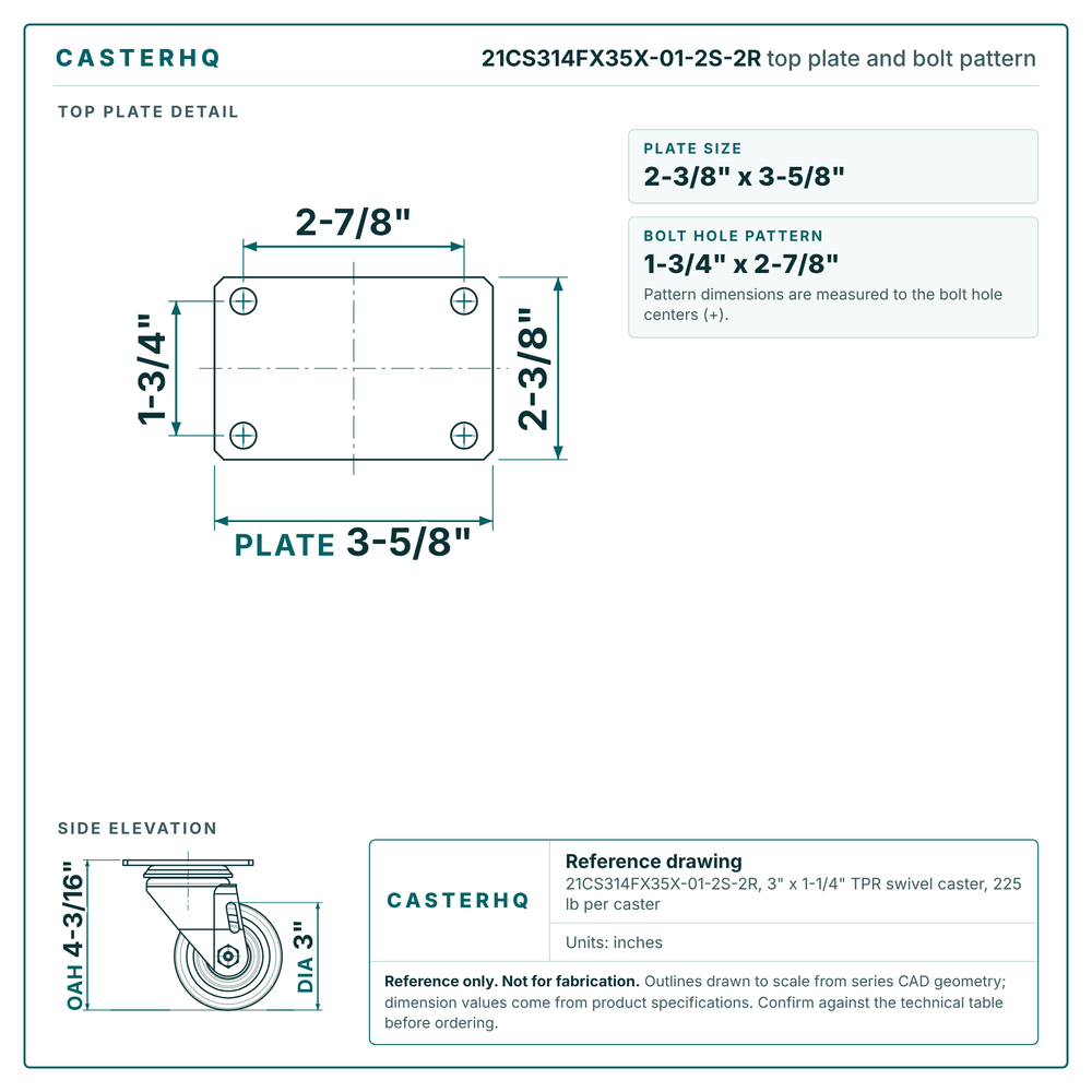 21CS314FX35X-01-2S-2R top plate bolt pattern drawing, 2-3/8 x 3-5/8 in plate