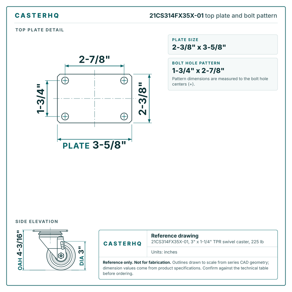 21CS314FX35X-01 top plate bolt pattern drawing, 2-3/8 x 3-5/8 in plate, round bolt holes
