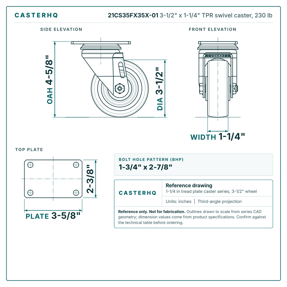 21CS35FX35X-01 3-1/2 x 1-1/4 in TPR swivel caster reference drawing, side, front and top plate views with dimensions