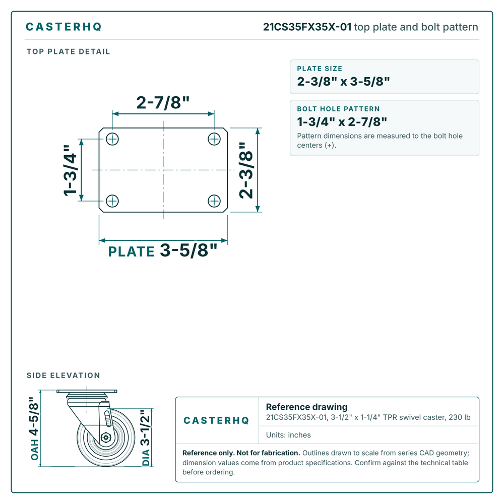 21CS35FX35X-01 top plate bolt pattern drawing, 2-3/8 x 3-5/8 in plate, round bolt holes