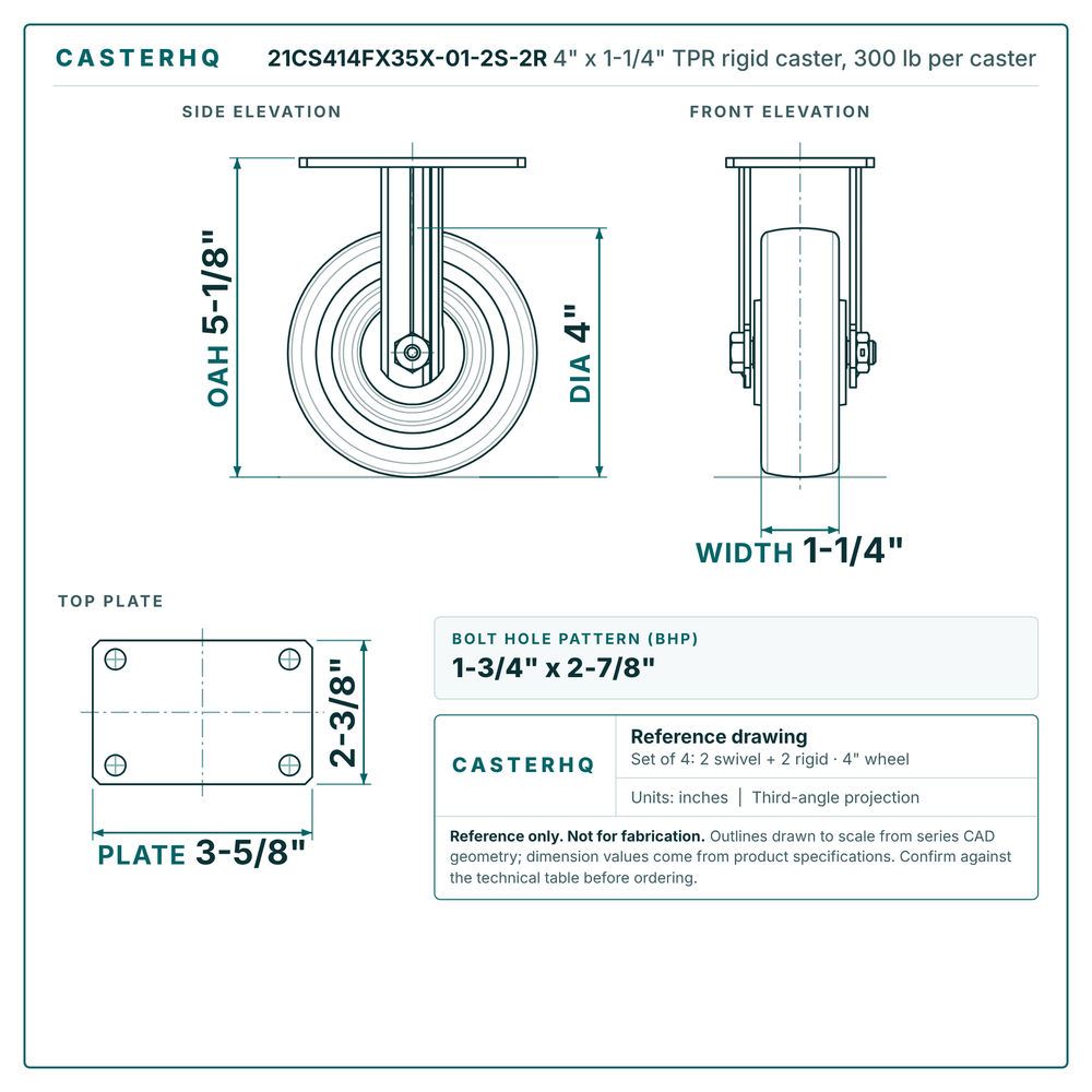 21CS414FX35X-01-2S-2R 4 x 1-1/4 in TPR rigid caster reference drawing, 300 lb per caster (set of 4: 2 swivel + 2 rigid), side, front and top plate views with dimensions