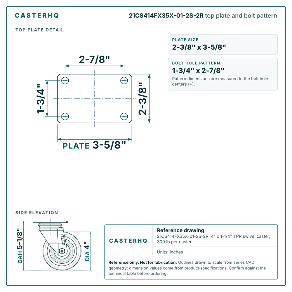 21CS414FX35X-01-2S-2R top plate bolt pattern drawing, 2-3/8 x 3-5/8 in plate