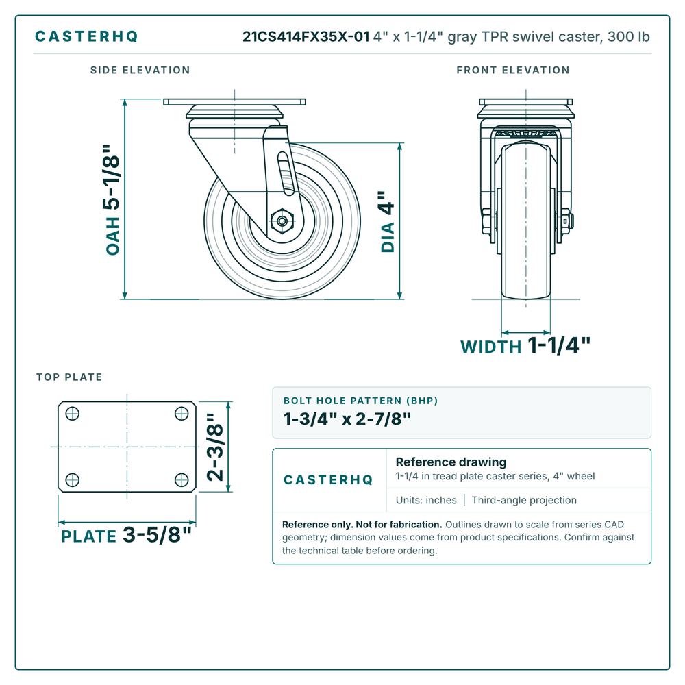 21CS414FX35X-01 4 x 2 in gray TPR swivel caster reference drawing, side, front and top plate views with dimensions