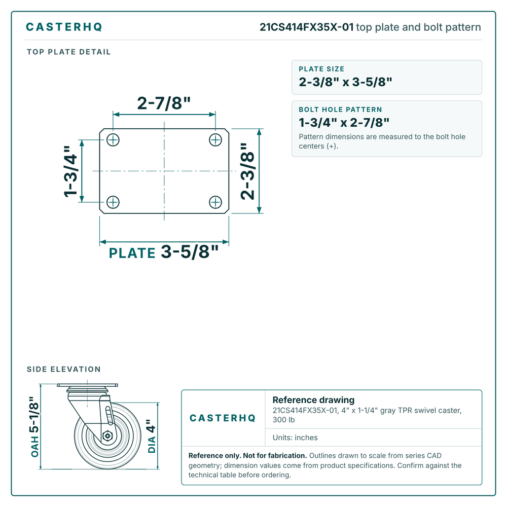 21CS414FX35X-01 top plate bolt pattern drawing, 2-3/8 x 3-5/8 in plate, round bolt holes