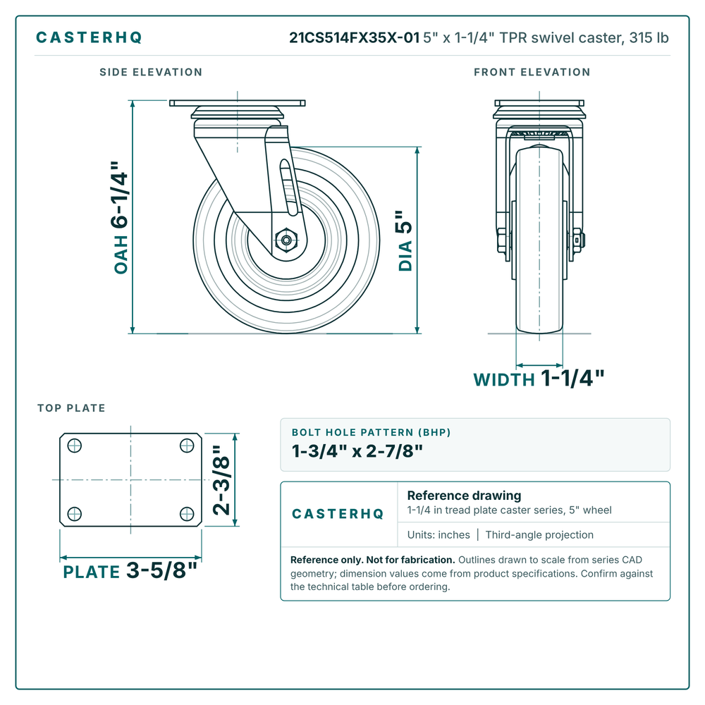 21CS514FX35X-01 5 x 1-1/4 in TPR swivel caster reference drawing, side, front and top plate views with dimensions