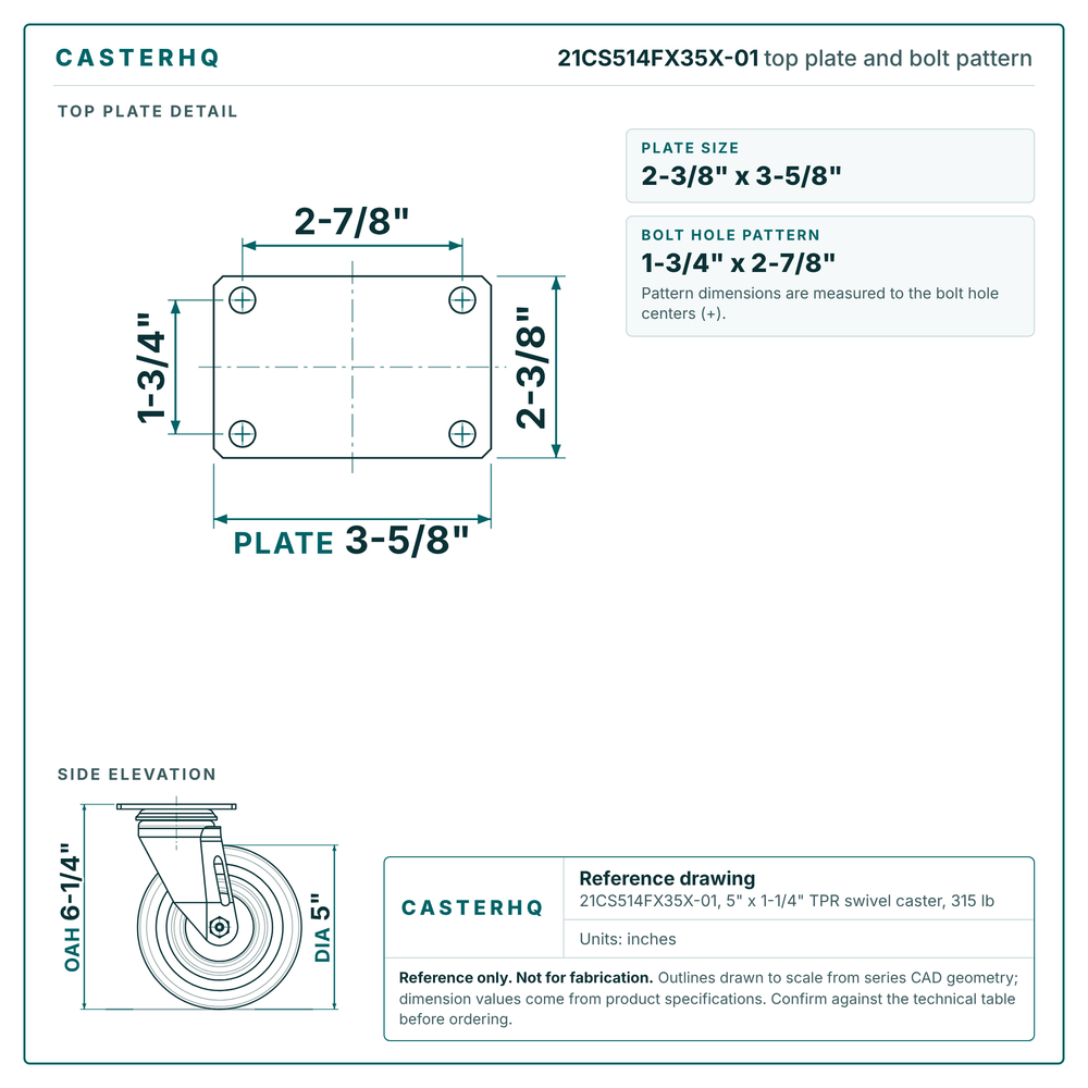 21CS514FX35X-01 top plate bolt pattern drawing, 2-3/8 x 3-5/8 in plate, round bolt holes
