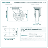 4 x 1-1/4 in polyurethane caster reference drawing, 3-1/8 x 4-1/8 in top plate, side, front and top plate views with dimensions