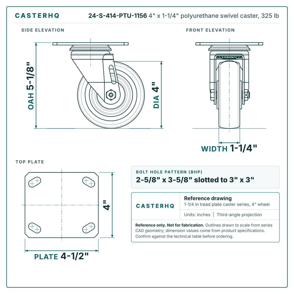 4 x 1-1/4 in polyurethane caster reference drawing, 4 x 4-1/2 in top plate, side, front and top plate views with dimensions