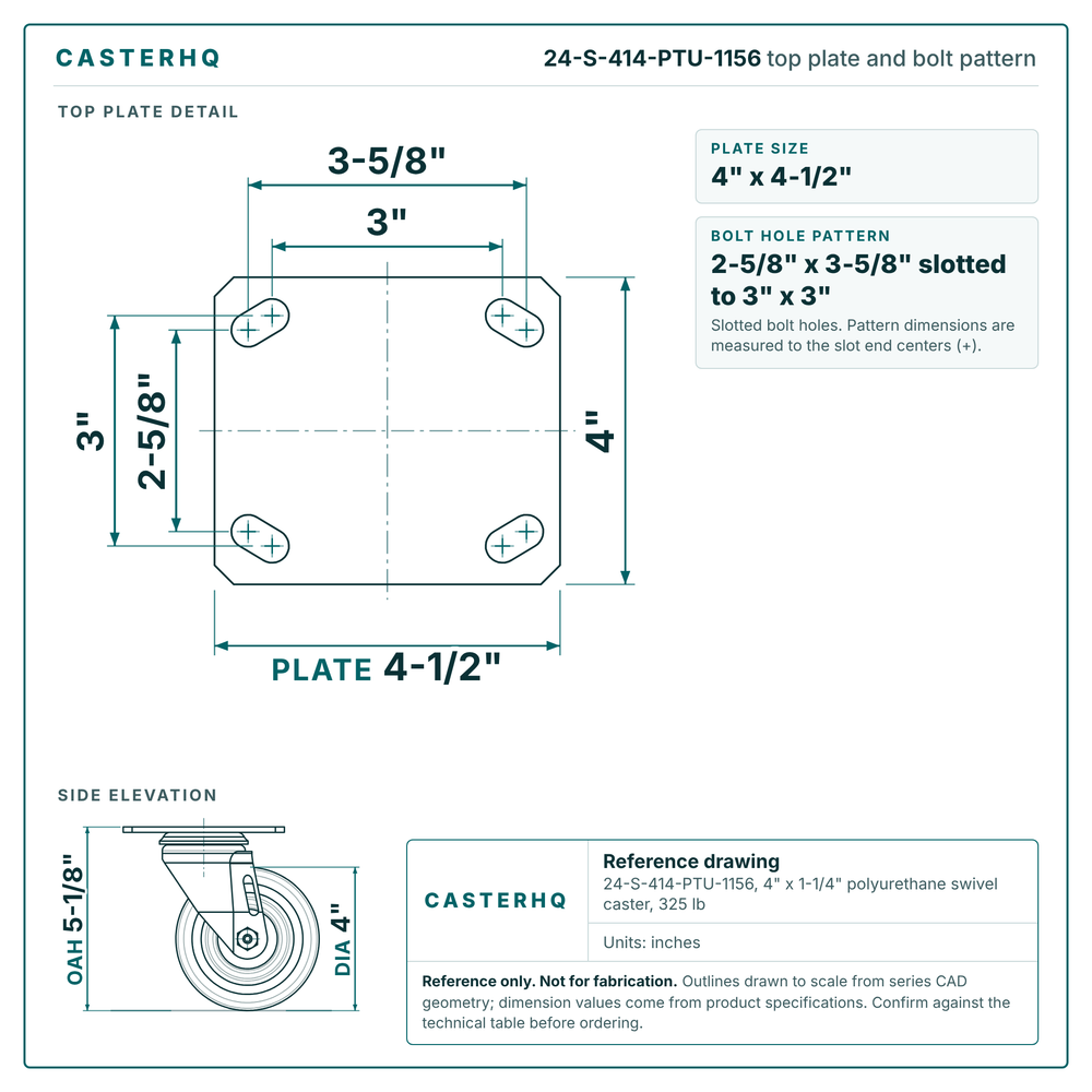 Top plate bolt pattern drawing, 4 x 4-1/2 in plate, 2-5/8 x 3-5/8 in slotted to 3 x 3 in, slotted bolt holes