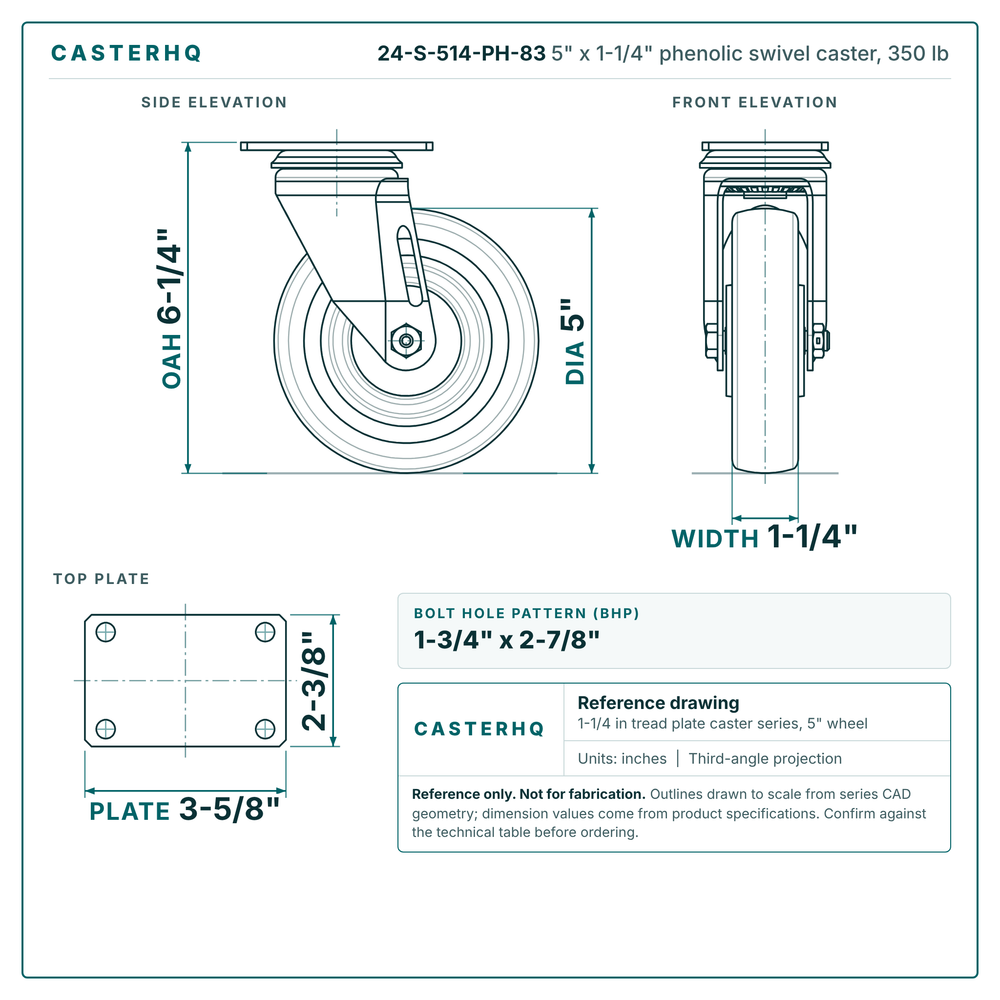 5 x 1-1/4 in phenolic caster reference drawing, 2-3/8 x 3-5/8 in top plate, side, front and top plate views with dimensions