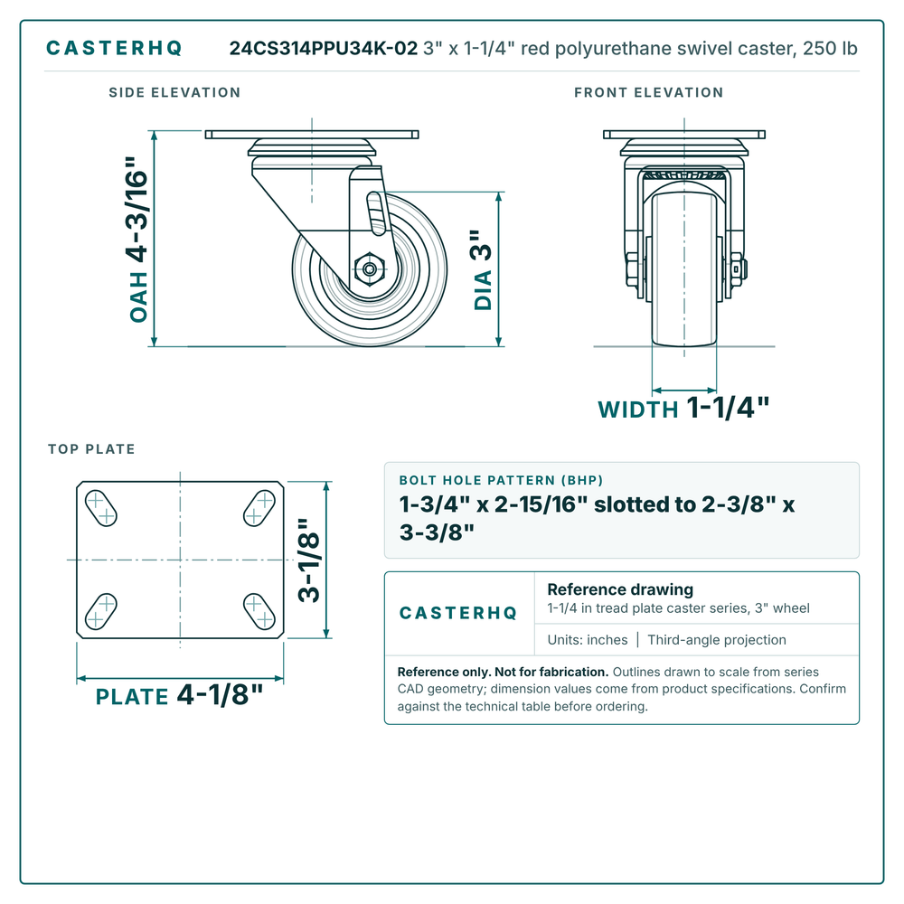 24CS314PPU34K-02 3 x 1-1/4 in red polyurethane swivel caster reference drawing, side, front and top plate views with dimensions