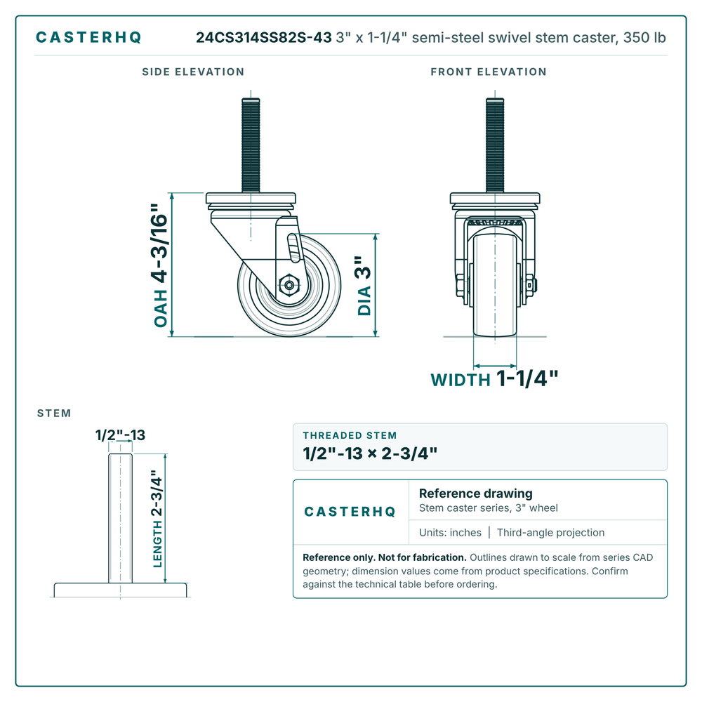 24CS314SS82S-43 3" x 1-1/4" semi-steel swivel stem caster, 350 lb reference drawing, 1/2"-13 x 2-3/4" threaded stem, side, front and stem views with dimensions