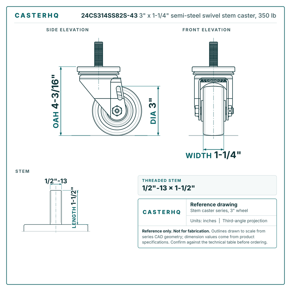 24CS314SS82S-43 3" x 1-1/4" semi-steel swivel stem caster, 350 lb reference drawing, side, front and stem views with dimensions