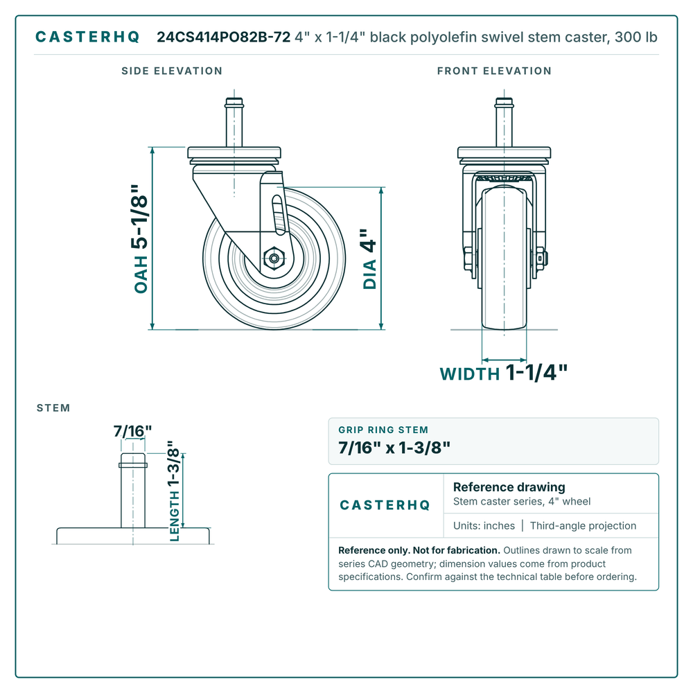 24CS414PO82B-72 4" x 1-1/4" black polyolefin swivel stem caster, 300 lb reference drawing, side, front and stem views with dimensions