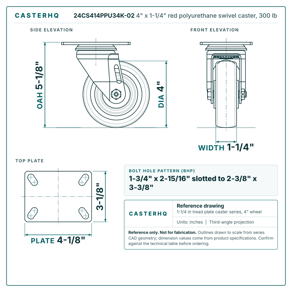 24CS414PPU34K-02 4 x 1-1/4 in red polyurethane swivel caster reference drawing, side, front and top plate views with dimensions