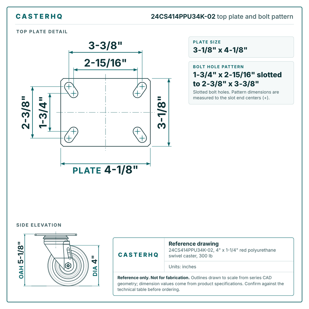 24CS414PPU34K-02 top plate bolt pattern drawing, 3-1/8 x 4-1/8 in plate, slotted bolt holes