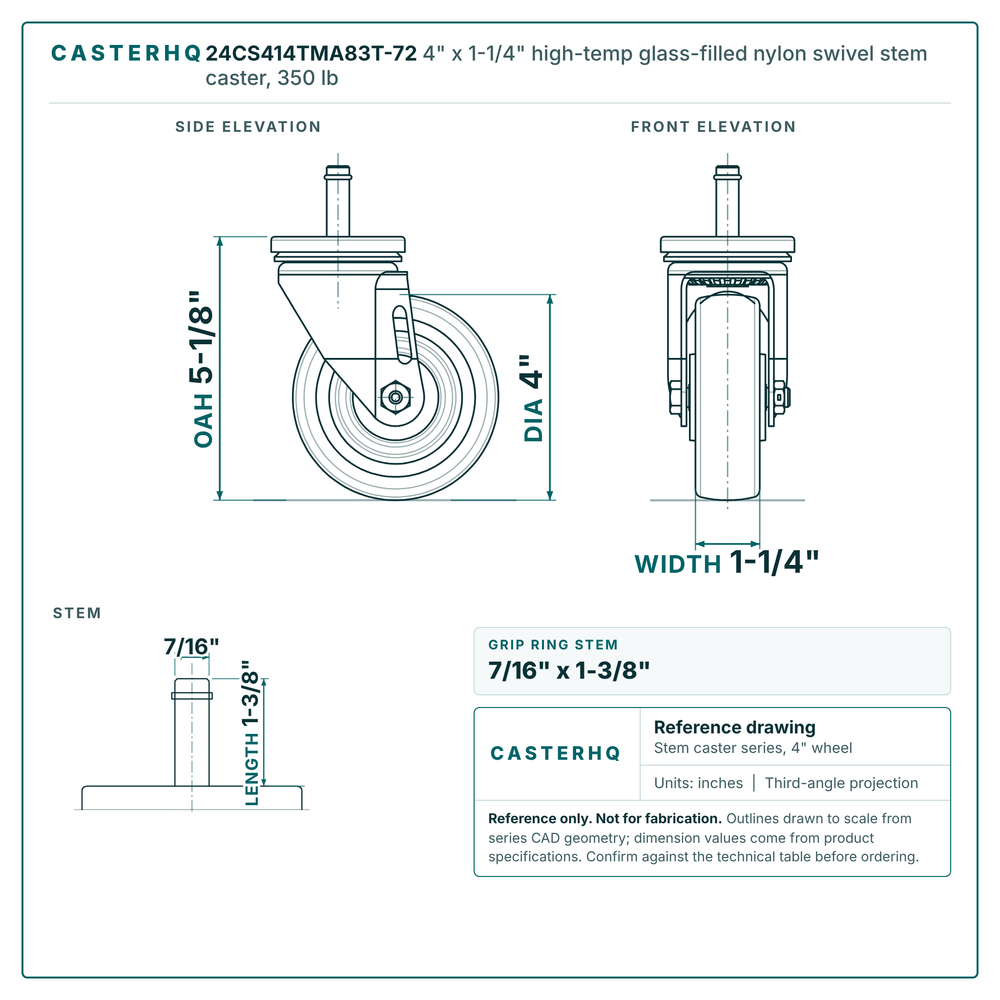 24CS414TMA83T-72 4" x 1-1/4" high-temp glass-filled nylon swivel stem caster, 350 lb reference drawing, side, front and stem views with dimensions