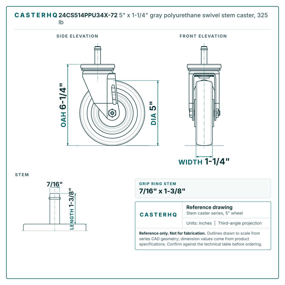24CS514PPU34X-72 5" x 1-1/4" gray polyurethane swivel stem caster, 325 lb reference drawing, side, front and stem views with dimensions