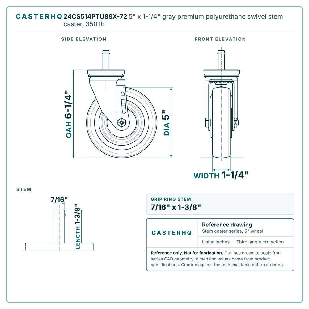 24CS514PTU89X-72 5" x 1-1/4" gray premium polyurethane swivel stem caster, 350 lb reference drawing, side, front and stem views with dimensions