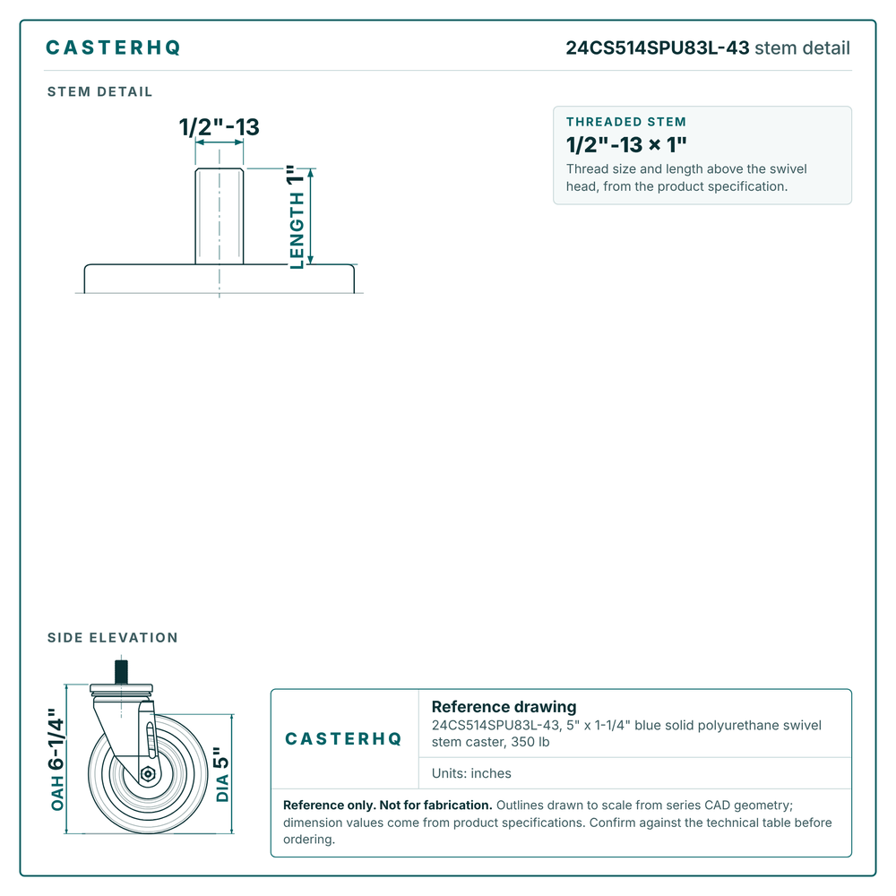 24CS514SPU83L-43 stem detail drawing, threaded stem 1/2"-13 x 1"