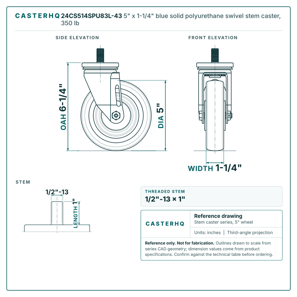 24CS514SPU83L-43 5" x 1-1/4" blue solid polyurethane swivel stem caster, 350 lb reference drawing, 1/2"-13 x 1" threaded stem, side, front and stem views with dimensions