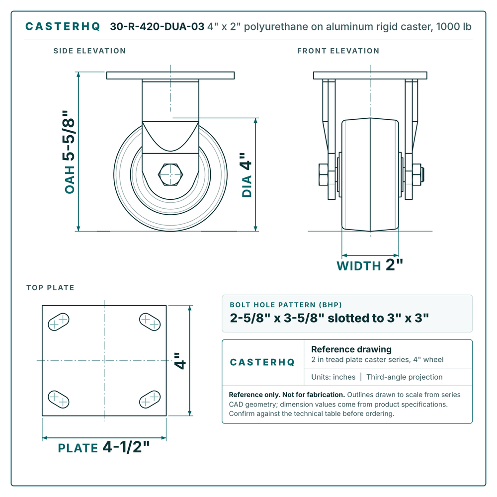 30-R-420-DUA-03 4 x 2 in polyurethane on aluminum rigid caster reference drawing, side, front and top plate views with dimensions