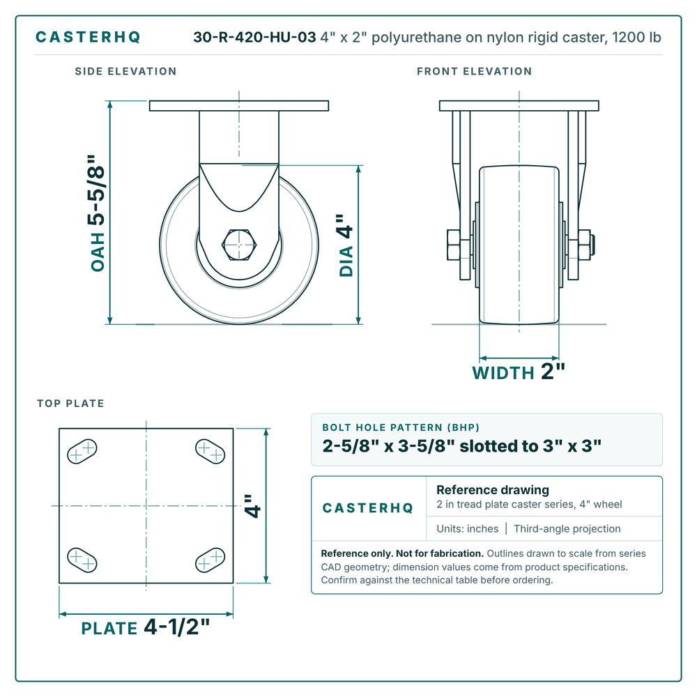 30-R-420-HU-03 4 x 2 in polyurethane on nylon rigid caster reference drawing, side, front and top plate views with dimensions