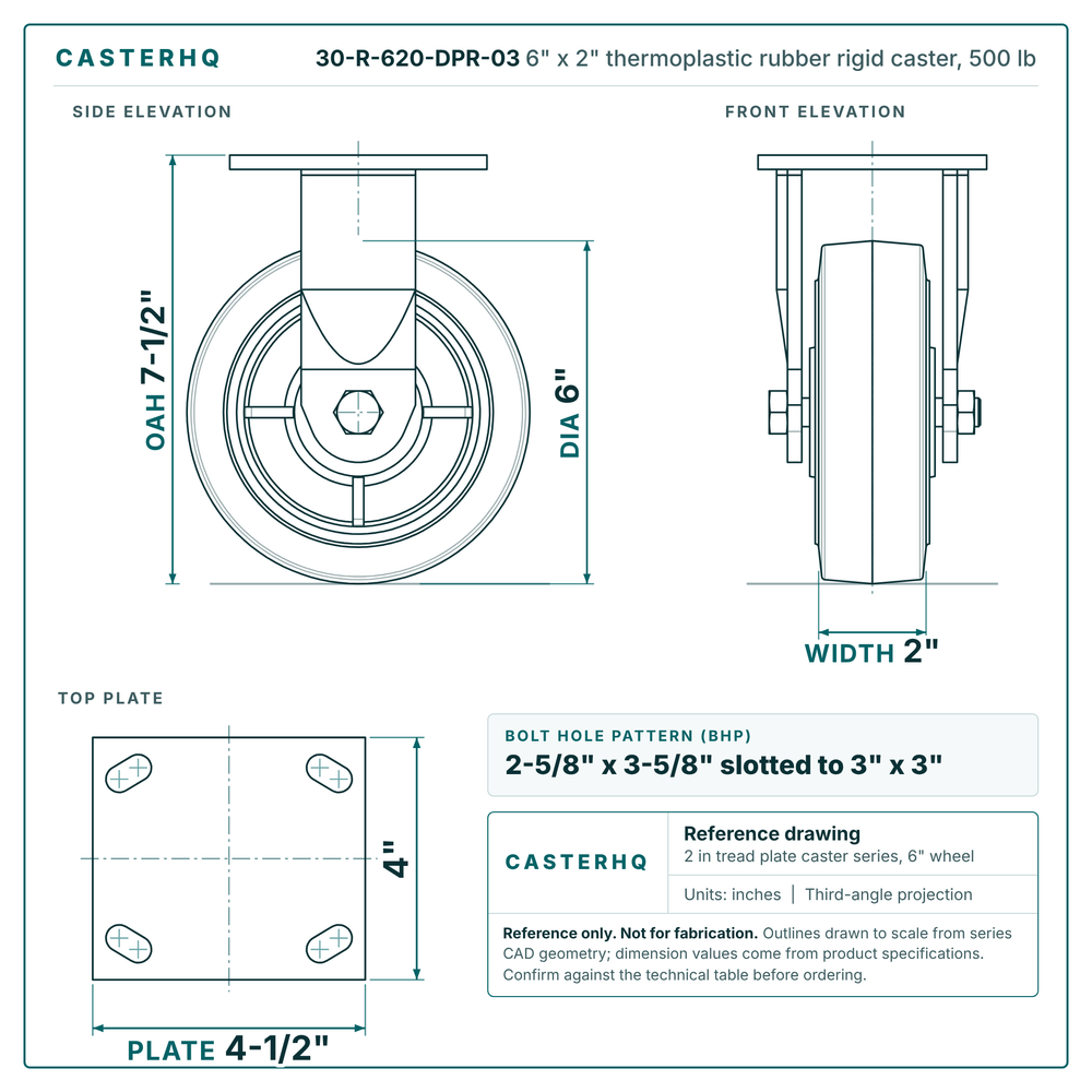 30-R-620-DPR-03 6 x 2 in thermoplastic rubber rigid caster reference drawing, side, front and top plate views with dimensions