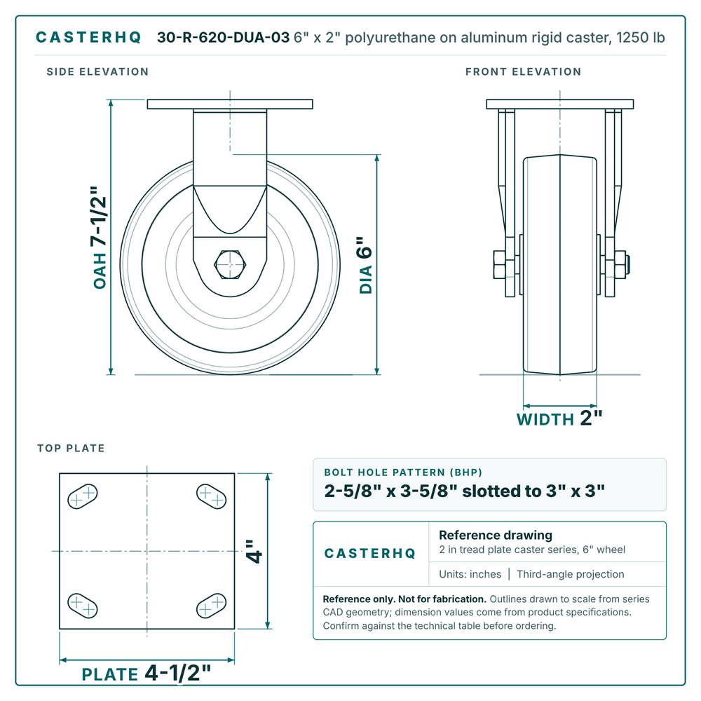 30-R-620-DUA-03 6 x 2 in polyurethane on aluminum rigid caster reference drawing, side, front and top plate views with dimensions
