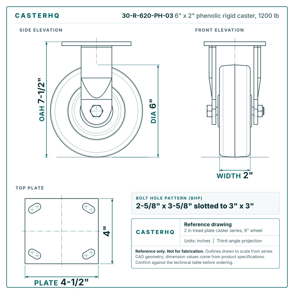 30-R-620-PH-03 6 x 2 in phenolic rigid caster reference drawing, side, front and top plate views with dimensions