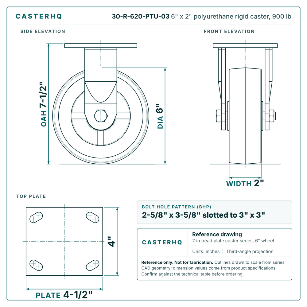 30-R-620-PTU-03 6 x 2 in polyurethane rigid caster reference drawing, side, front and top plate views with dimensions