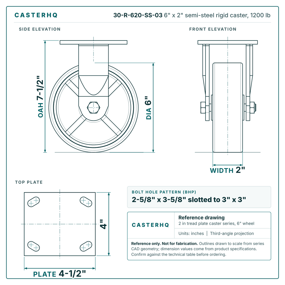 30-R-620-SS-03 6 x 2 in semi-steel rigid caster reference drawing, side, front and top plate views with dimensions