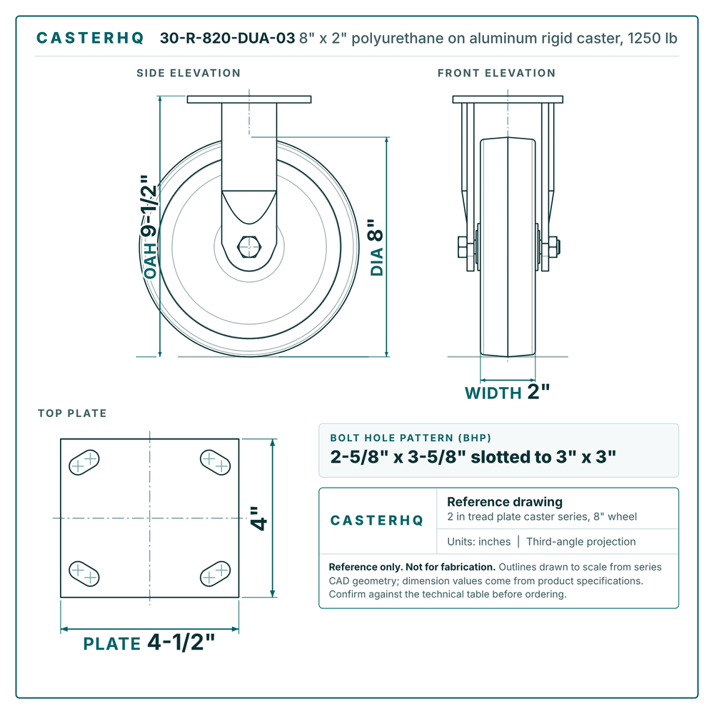30-R-820-DUA-03 8 x 2 in polyurethane on aluminum rigid caster reference drawing, side, front and top plate views with dimensions