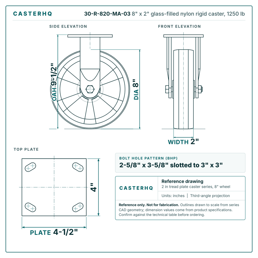 30-R-820-MA-03 8 x 2 in glass-filled nylon rigid caster reference drawing, side, front and top plate views with dimensions