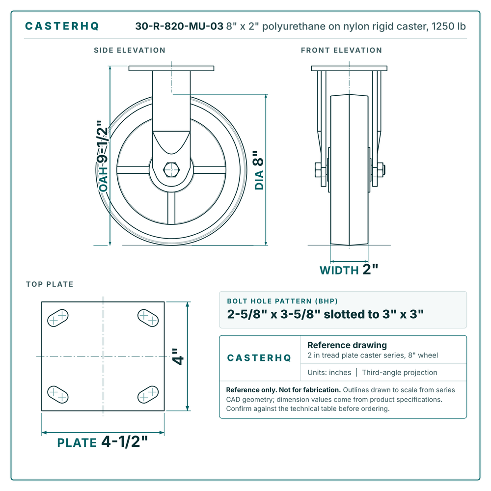 30-R-820-MU-03 8 x 2 in polyurethane on nylon rigid caster reference drawing, side, front and top plate views with dimensions