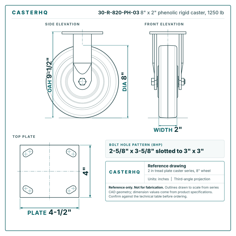 30-R-820-PH-03 8 x 2 in phenolic rigid caster reference drawing, side, front and top plate views with dimensions
