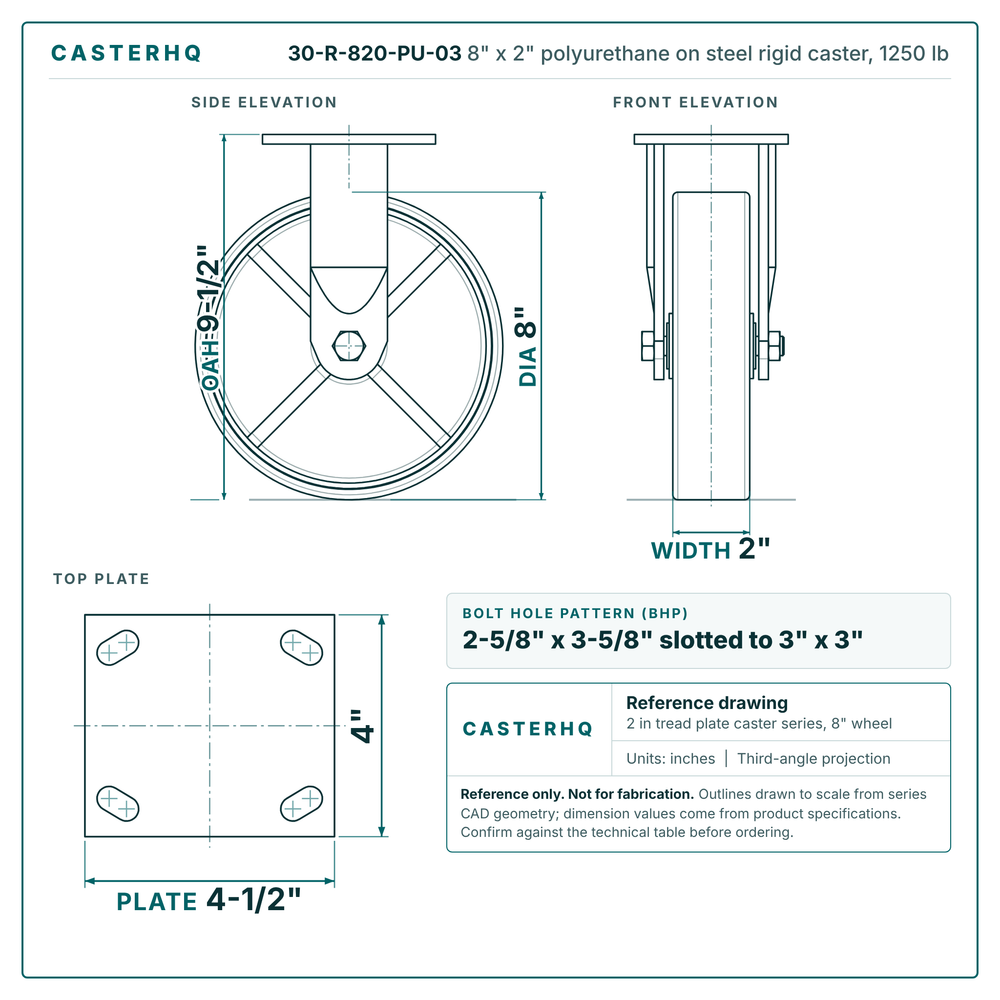 30-R-820-PU-03 8 x 2 in polyurethane on steel rigid caster reference drawing, side, front and top plate views with dimensions