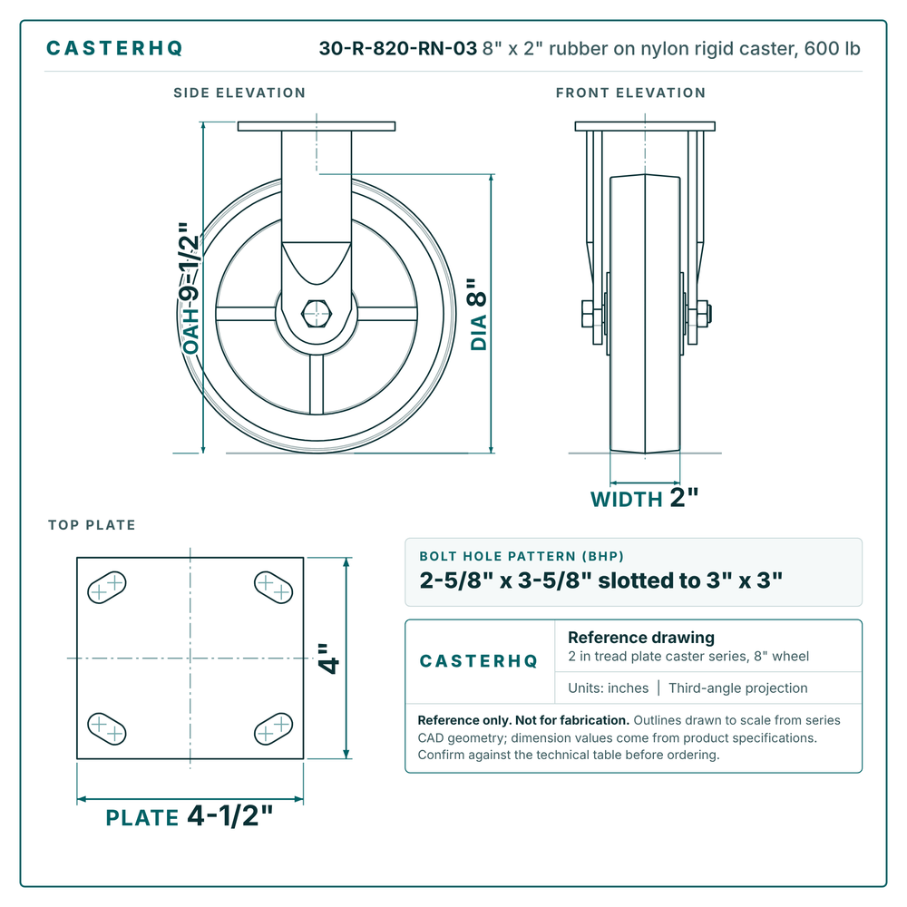 30-R-820-RN-03 8 x 2 in rubber on nylon rigid caster reference drawing, side, front and top plate views with dimensions