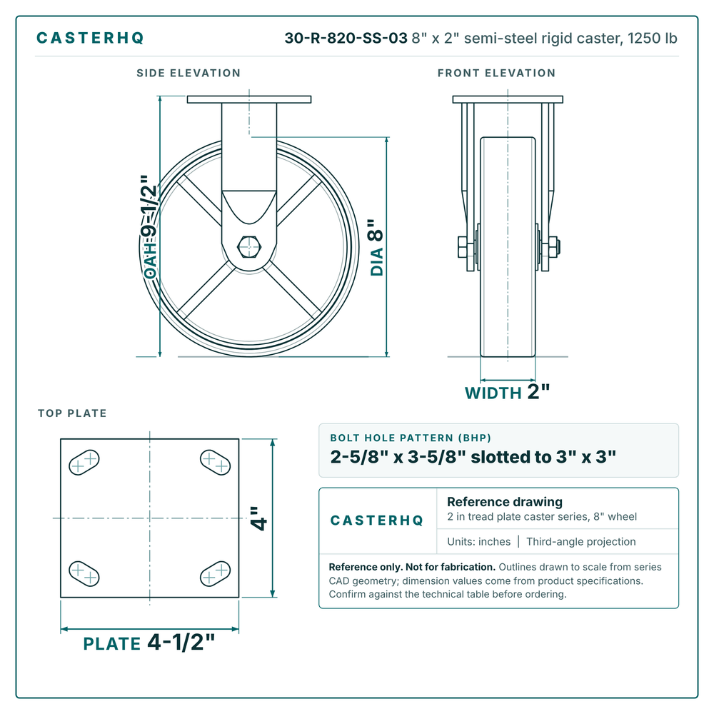 30-R-820-SS-03 8 x 2 in semi-steel rigid caster reference drawing, side, front and top plate views with dimensions