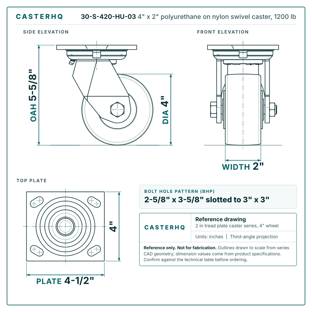 30-S-420-HU-03 4 x 2 in polyurethane on nylon swivel caster reference drawing, side, front and top plate views with dimensions