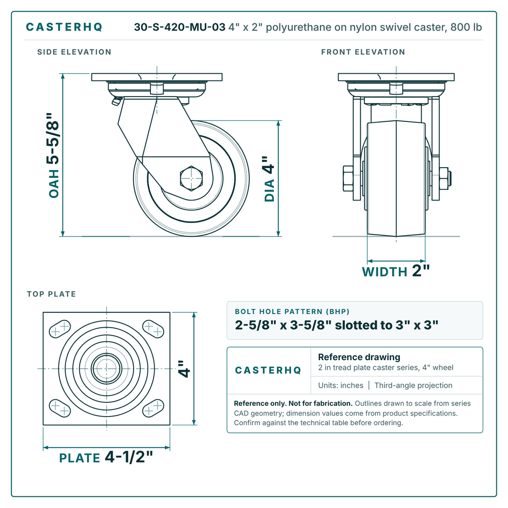 30-S-420-MU-03 4 x 2 in polyurethane on nylon swivel caster reference drawing, side, front and top plate views with dimensions