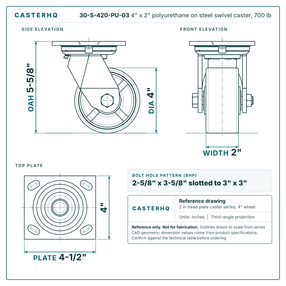30-S-420-PU-03 4 x 2 in polyurethane on steel swivel caster reference drawing, side, front and top plate views with dimensions