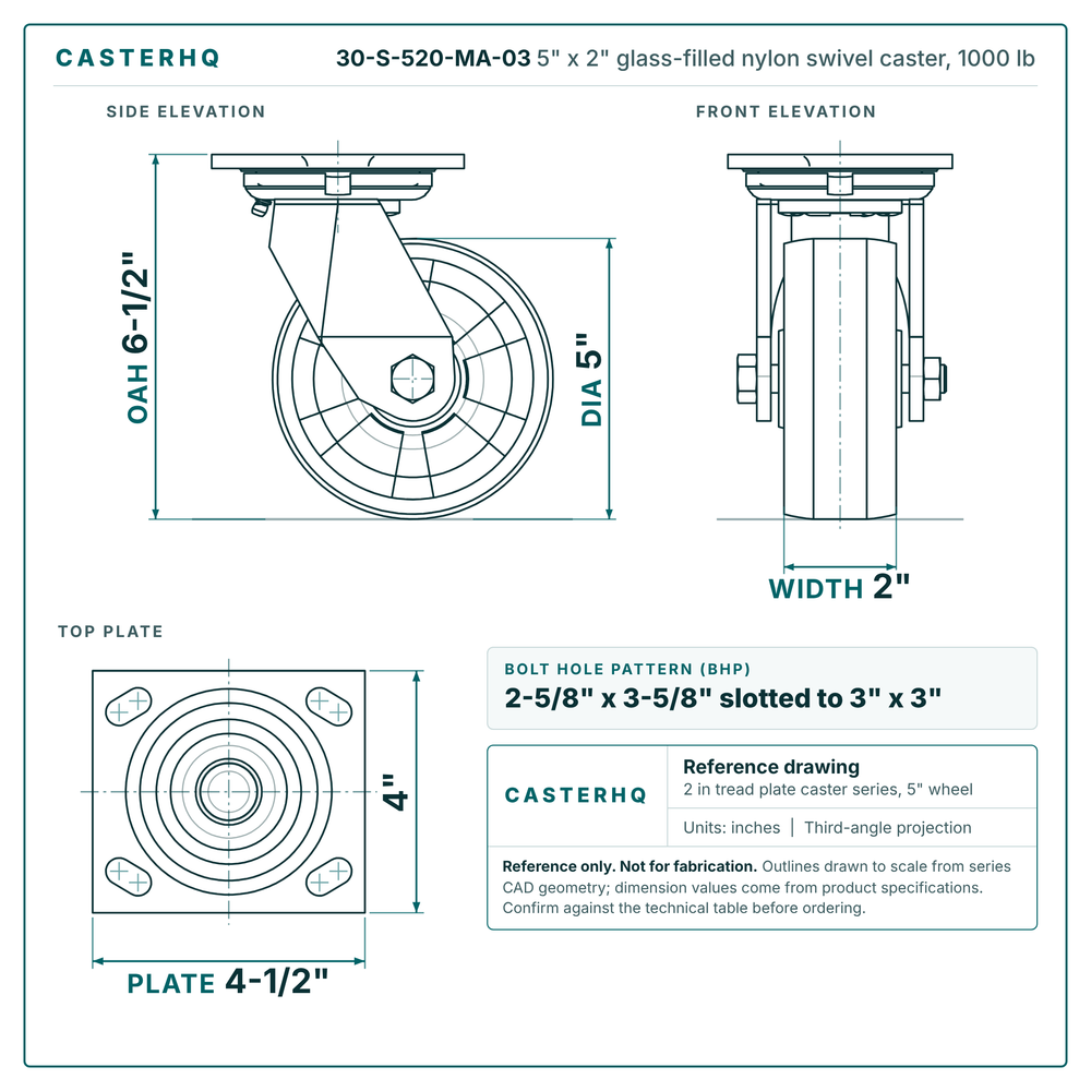 30-S-520-MA-03 5 x 2 in glass-filled nylon swivel caster reference drawing, side, front and top plate views with dimensions