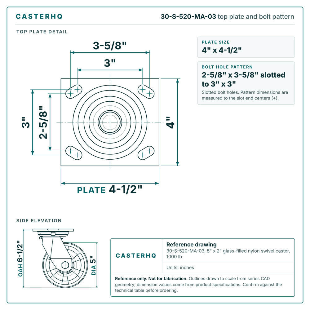 30-S-520-MA-03 top plate bolt pattern drawing, 4 x 4-1/2 in plate, slotted bolt holes