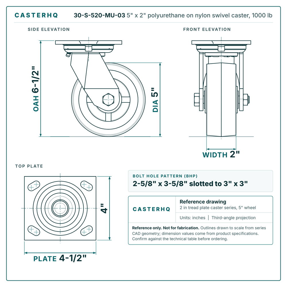30-S-520-MU-03 5 x 2 in polyurethane on nylon swivel caster reference drawing, side, front and top plate views with dimensions
