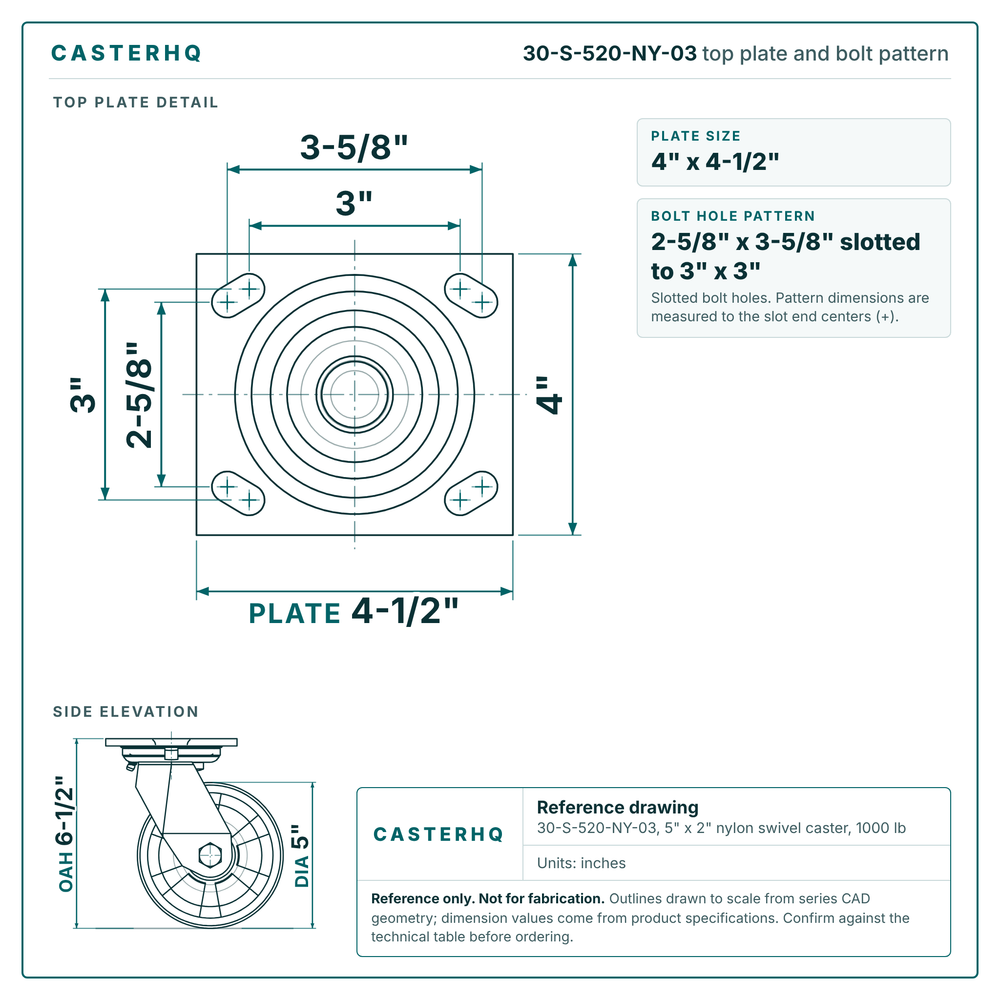 30-S-520-NY-03 top plate bolt pattern drawing, 4 x 4-1/2 in plate, slotted bolt holes