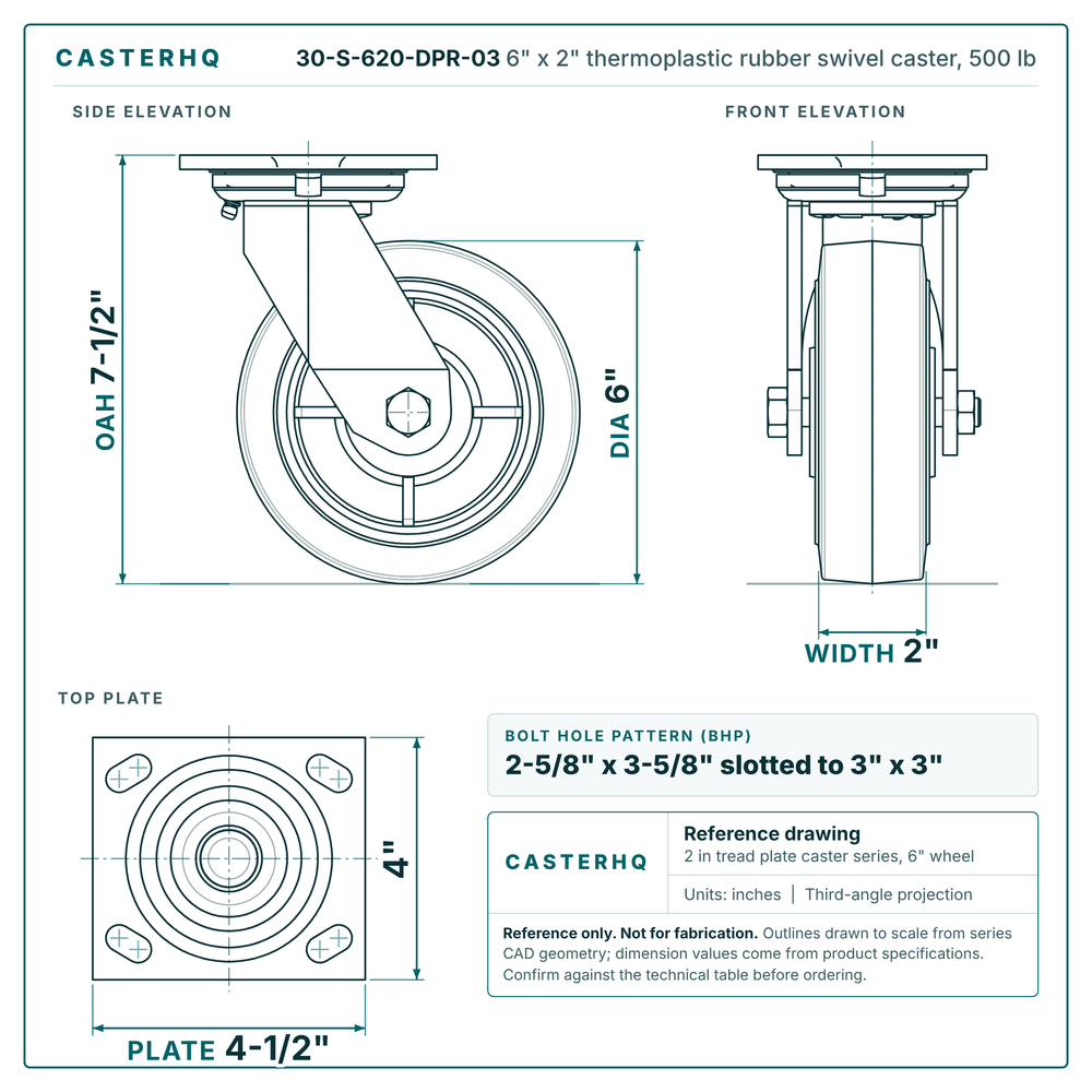 30-S-620-DPR-03 6 x 2 in thermoplastic rubber swivel caster reference drawing, side, front and top plate views with dimensions