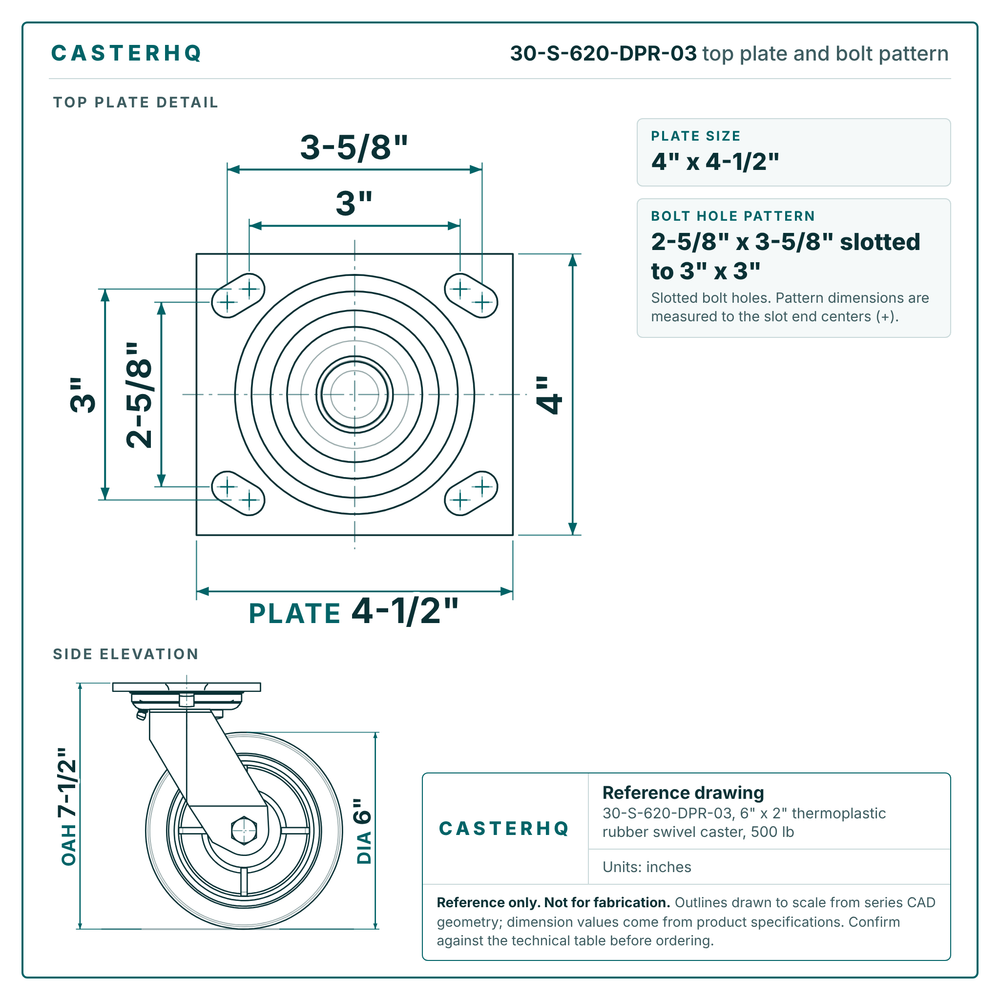 30-S-620-DPR-03 top plate bolt pattern drawing, 4 x 4-1/2 in plate, slotted bolt holes