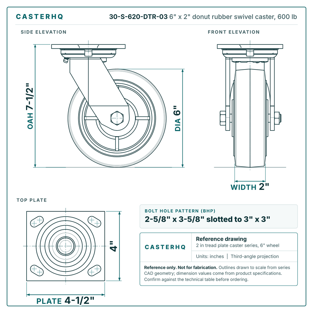 30-S-620-DTR-03 6 x 2 in rubber swivel caster reference drawing, side, front and top plate views with dimensions